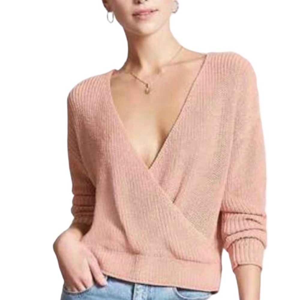 Moon & Madison Off White Medium Front and Back Deep V Knit Wrap Sweater.